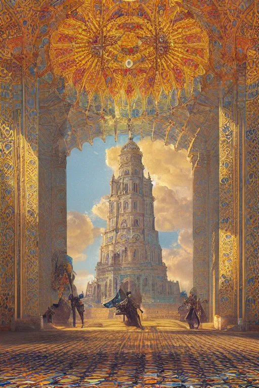 Image similar to glorious painted tower of the sun and stars by Sylvain Sarrailh and Ludwig Deutsch and Rudolf Ernst, dramatic cinematic lighting , beautiful colorful tilework, ornate architecture, smooth, sharp focus, extremely detailed