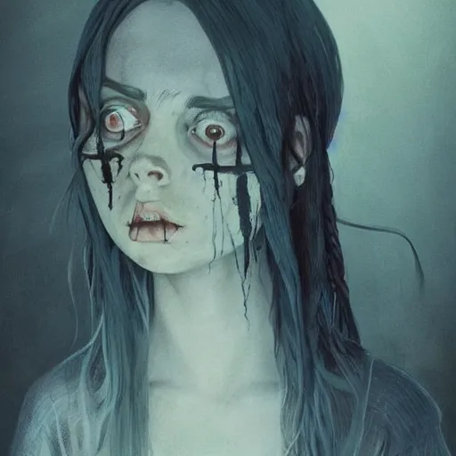 Image similar to billie eilish, horror, grunge, loony toons style, illustrated by Greg Rutkowski and Caspar David Friedrich., Trending on artstation, artstationHD, artstationHQ, 4k, 8k