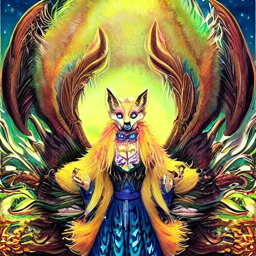 Prompt: a photorealistic portrait of a kitsune with long fluffy furs and ears, wearing a painted fox skull mask, clothes themed on a peacock mage, painting by jeff easley, stylized, neon, vhs, 8 0 s, dnd beyond, chromal aberration, fae wilds sky