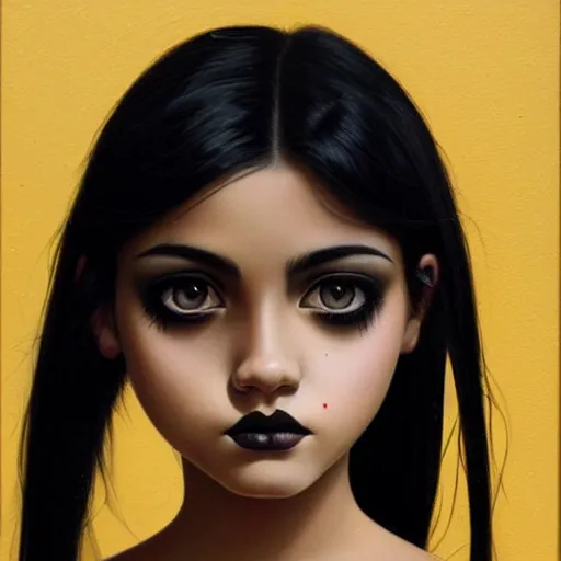 Prompt: a painting of an emo goth mexican girl with long dark hair thick eyebrows dark eyes and dark circles wide nose big eyes oval face shape big cheeks, a photorealistic painting by tran nguyen and ilya kuvshinov, featured on deviantart, gothic art, goth, gothic, detailed painting