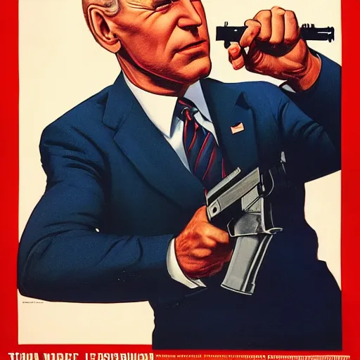 Image similar to propaganda poster of joe biden pointing gun directly at camera in james bond movie, closeup of gun, visible barrel and grip by j. c. leyendecker, bosch, lisa frank, jon mcnaughton, and beksinski