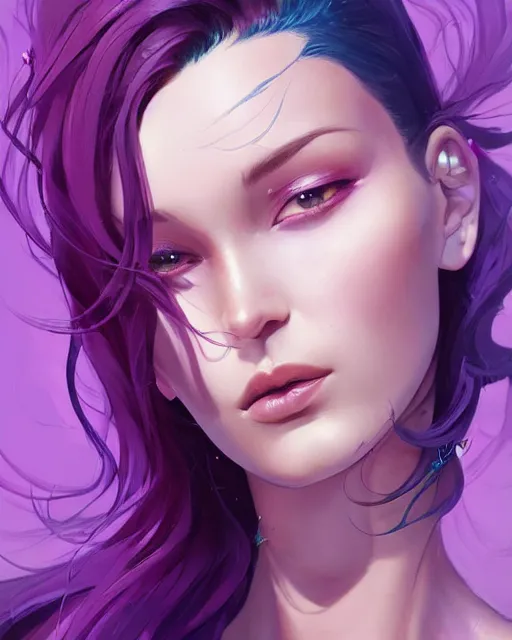 Image similar to beautiful Bella Hadid purple hair tattoos symmetrical face eyes full body fantasy art icon, 5d art cover , official fanart behance hd artstation by Jesper Ejsing, by RHADS, Makoto Shinkai and Lois van baarle, ilya kuvshinov, rossdraws