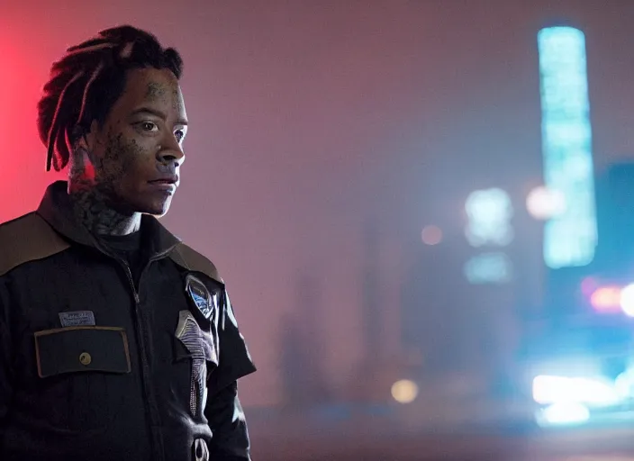 Prompt: First Official image from Denis Villeneuve's new sci-fi film Allegheny, starring Wiz Khalifa as a futuristic police officer in neon-lit nighttime Pittsburgh, filmed by Greig Fraser on Alexa LF. Gorgeous cinematography, shadows, diffused colored gel lighting, film grain, Criterion Collection