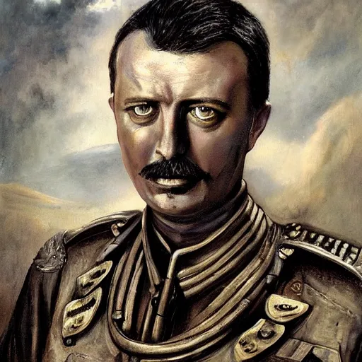 Prompt: Portrait of Igor Ivanovich Strelkov while he is calling for total war, photo-realistic, 2K, highly detailed, bodyhorror by H.R.Giger