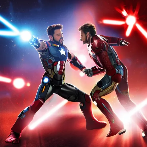 Prompt: iron man and captain america fighting with light sabers, 4k, ultra detailed