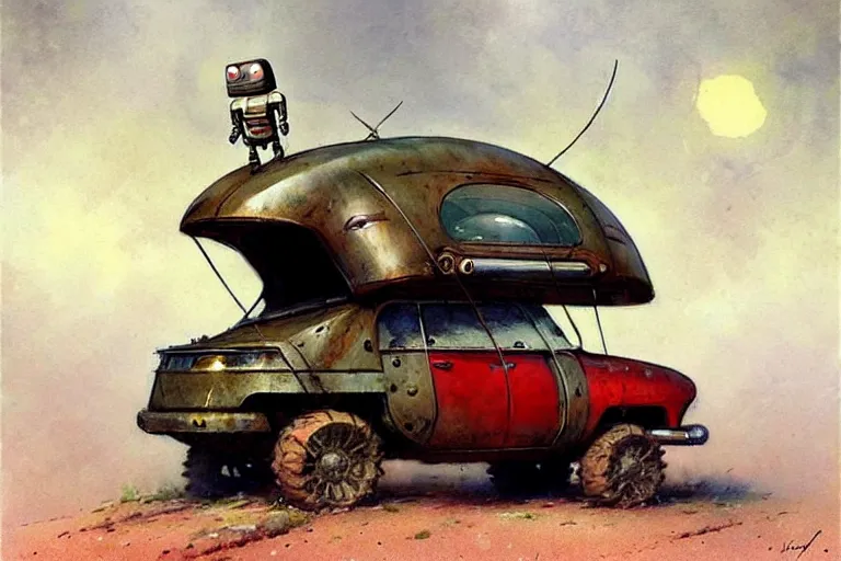 Image similar to adventurer ( ( ( ( ( 1 9 5 0 s retro future robot android mouse wagon rv offroad. muted colors. ) ) ) ) ) by jean baptiste monge!!!!!!!!!!!!!!!!!!!!!!!!! chrome red