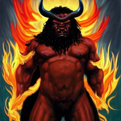 Prompt: Artwork by Brom, A large black bison with fiery eyes, Bison God, Ancient, a scene from the TV show, American Gods