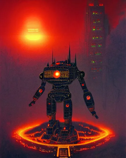 Image similar to giant robot with ominously glowing red eyes stands on top of city that is on fire, concept art, intricate details, highly detailed, in the style of chris foss, rodger dean, moebius, michael whelan, and gustave dore