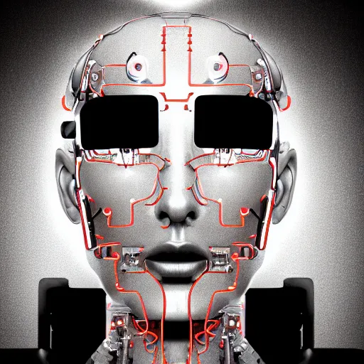 Prompt: portrait photo of a cybernetic cyborg half human face half robot face, circuitry, high tech, future