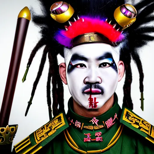 Image similar to photorealistic portrait photograph of a crazy army general with painted face as in chinese peking opera and rastafarian color hair with spikes and rings in pierced face ears and nose like punks