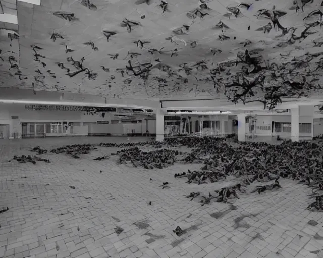 Image similar to camera footage of a Hundreds of Rabid Zerglings in an abandoned shopping mall, high exposure, dark, monochrome, camera, Unreal engine 5, grainy, CCTV, security camera footage, timestamp, zoomed in, fish-eye lens, Evil, Zerg, Brood, spider, horrifying, lunging at camera :4