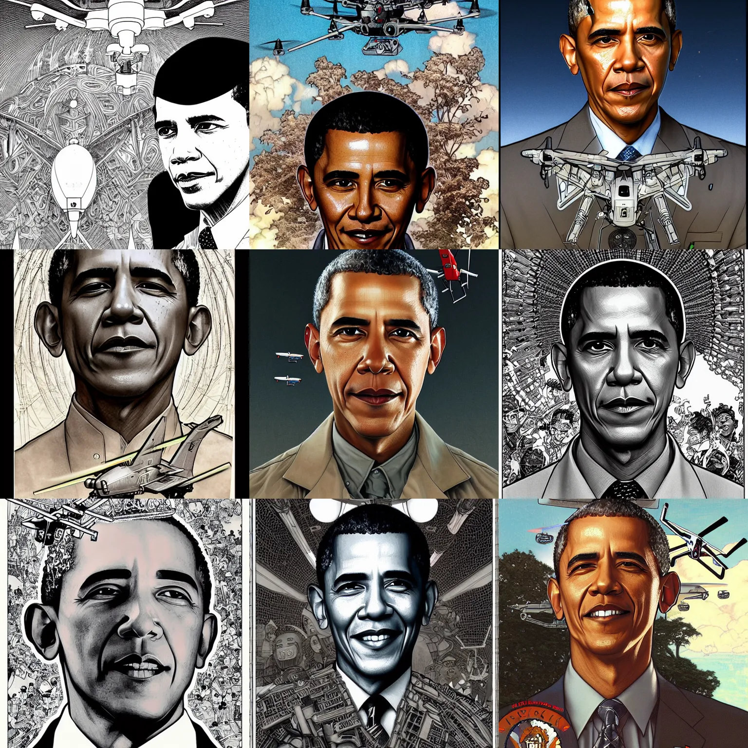 Prompt: highly detailed manga line art portrait of Barack Obama in a crown with a white MQ-1 Predator Drone flying in the background, by Stanley Artgerm Lau, greg rutkowski, thomas kindkade, alphonse mucha, loish, norman rockwell J.