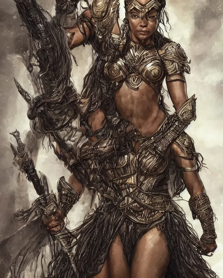 Image similar to tessa thompson as an amazon warrior, tall and beautiful with brown skin and long hair, but better, dressed in hellenistic body armor, intricate, elegant, highly detailed, smooth, sharp focus, detailed face, art by ardian syaf