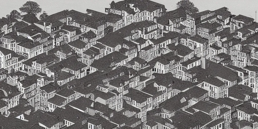 Prompt: photograph of a busy and picturesque suburb designed by M. C. Escher at sunset, 4k resolution, surreal