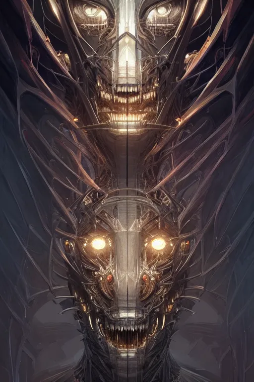 Image similar to professional concept art symmetrical portrait of a horrendous mechanical predatory fractal! species in a dark room by artgerm and greg rutkowski. an intricate, elegant, highly detailed digital painting, concept art, smooth, sharp focus, illustration, in the style of cam sykes.