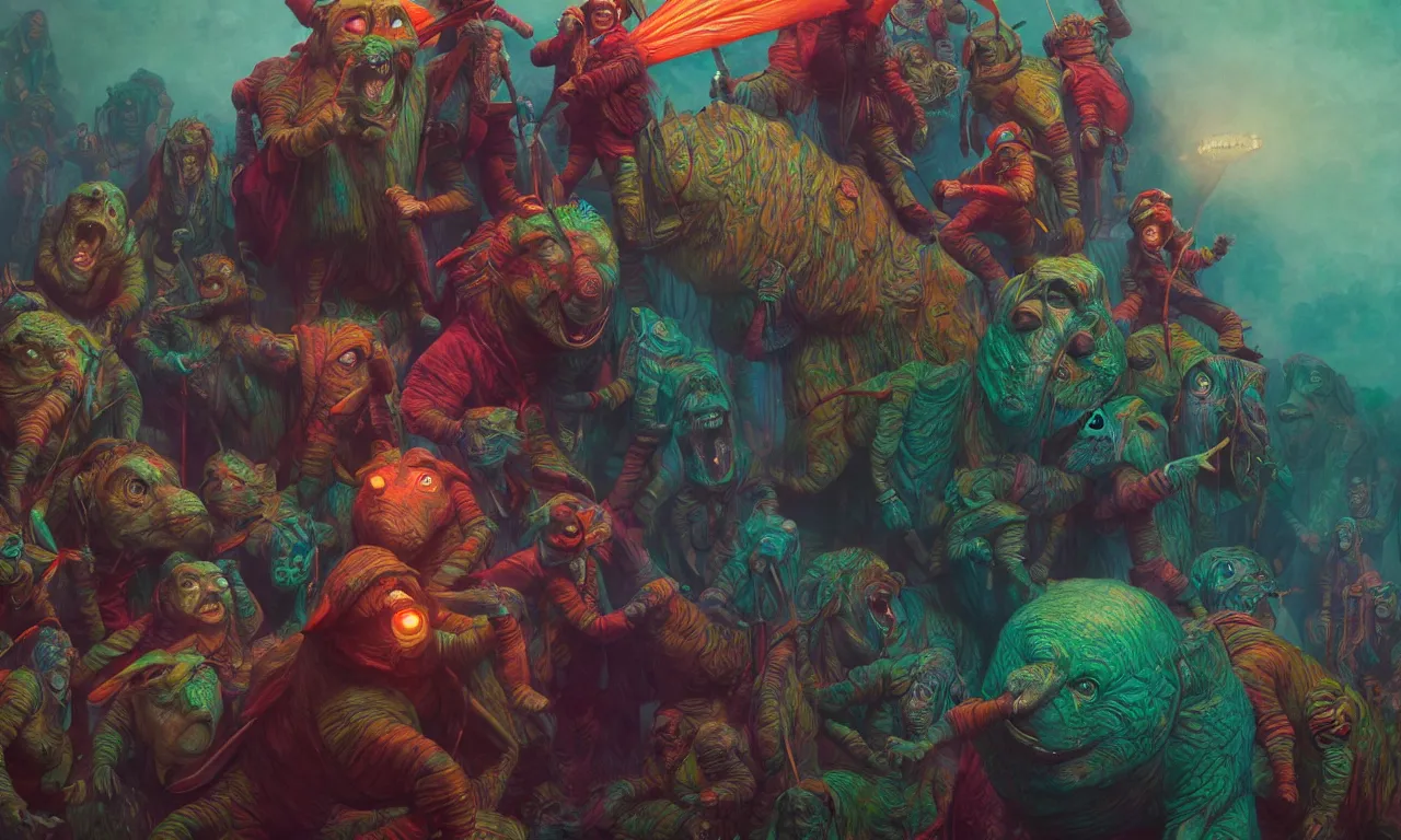 Image similar to a cinematic shot of shmiggle biggles in the bleem podorkers, colorful, by Andy Thomas, Mario Martinez, Daniel Mirante, Gustave Dore, Artstation, CGsociety, masterpiece