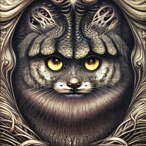 Image similar to detailed realistic beautiful manul face portrait by jean delville, gustave dore, iris van herpen and marco mazzoni, art forms of nature by ernst haeckel, art nouveau, symbolist, visionary, gothic, neo - gothic, pre - raphaelite, fractal lace, intricate alien botanicals, ai biodiversity, surreality, hyperdetailed ultrasharp octane render