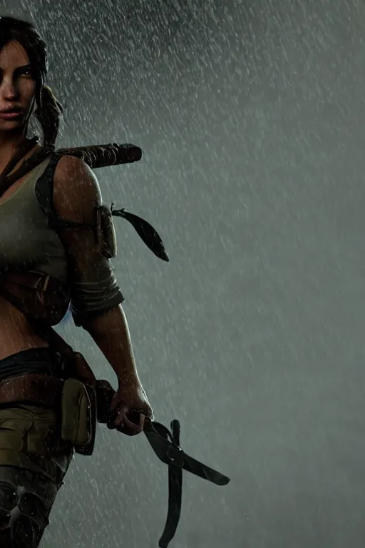 Prompt: cinematic of lara croft as cowboy, dramatic rain, 8 k, moody lighting