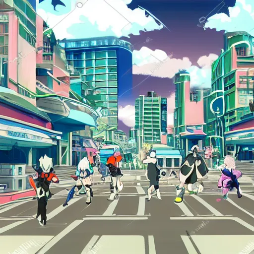 Prompt: futuristic city street with people fighting, anime style