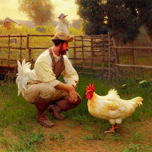 Prompt: chicken in the peaceful farm, highly detailed painting by gaston bussiere, craig mullins, j. c. leyendecker, 8 k