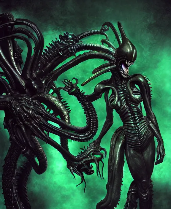 Image similar to xenomorph queen goth model hybrid, dragon eggs, dark emerald mist colors, giger background liminal void, cinematic lighting, realistic, award winning photograph, various refining methods, micro macro autofocus