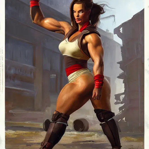 Prompt: greg manchess portrait of margot robbie as thick female bodybuilder lara croft wearing red armour in disco elysium, epic grimdark, fantasy, medium shot, asymmetrical, profile picture, organic painting, sunny day, matte painting, bold shapes, hard edges, street art, trending on artstation, by huang guangjian and gil elvgren and sachin teng