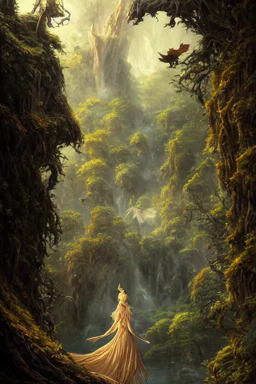 Prompt: detailed intricate digital illustration by greg rutkowski and david friedrich and ruan jia and fenghua zhong and steven belledi ; portrait of fairy girl standing in gothic fantasy valley and waterfall faerie fey unseelie in background ; 1 3 mm film, arri alfa anamorphic lens ; sharp focus, golden hour, fireflies ; trending on artstation 8 k closeup