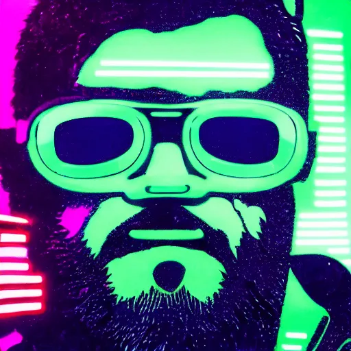 Prompt: still of an artwork with a portrait photo of a grizzly bear wearing sunglasses, black background, neon style lighting in the movie Blade Runner 2049, HD, synthwave, highly detailed