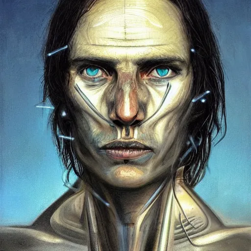 Image similar to surreal portrait of a man by Greg Rutkowski and H.R Giger, he is about 30 years old, messy long black hair, tired appearance, roman nose, peaceful but sad and resigned expression, martyred as a biomechanical transhuman cyborg god, eyes glow electric blue, cosmic void background, frightening, fascinating, highly detailed portrait, digital painting, book cover, artstation, concept art, smooth, sharp foccus ilustration, Artstation HQ.