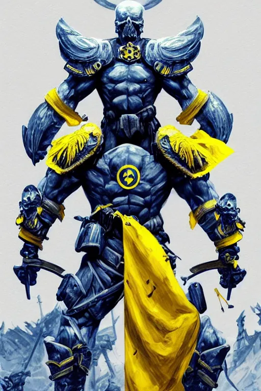 Image similar to a distant shot from behind of a Ukrainian super soldier with blue and yellow flag behind him standing alone on a huge pile of skulls as a winner, masculine muscular figure, D&D, fantasy, intricate, elegant, highly detailed, extremely detailed, digital painting, artstation, concept art, matte, smooth, sharp focus, symmetrical, illustration, art by Artgerm and Greg Rutkowski and Alphonse Mucha