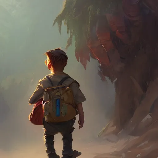 Prompt: a young boy wearing a back pack on his way to school, highly detailed, digital painting, artstation, concept art, sharp focus, illustration, d & d, fantasy, hearthstone, art by artgerm and greg rutkowski and alphonse mucha