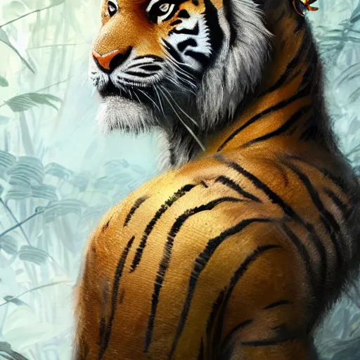 Image similar to a very high detailed tiger face on a strong human body, wearing a very detailed golden kings crown, tattoo on shoulder, standing in a highly detailed jungle, digital art, concept art, greg rutkowski, Nikolai Karelin, Hou China, trending artstation