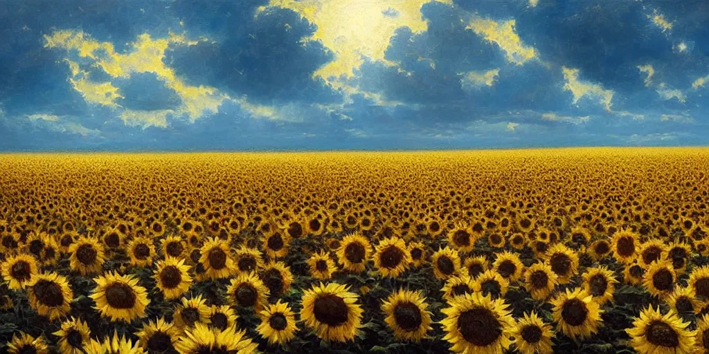 Image similar to Hyper realistic oil painting of an endless sunflower field, high contrast, blue skies, cinematic, by greg rutkowski