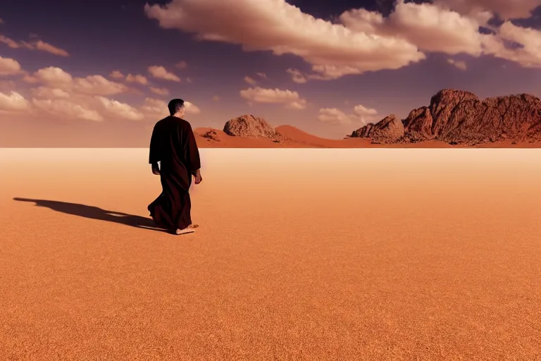 Image similar to guy with a robe walking through a desert with high speed winds, 2 d perspective, wind, 8 k, ultra detailed, award winning, trending on artstationhd, epic, dramatic, cinematic,
