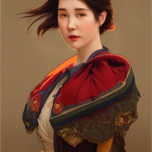 Image similar to IU, highly detailed, digital painting, artstation, concept art, smooth, sharp focus, illustration, ArtStation, art by artgerm and greg rutkowski and alphonse mucha and J. C. Leyendecker and Edmund Blair Leighton and Katsuhiro Otomo and Geof Darrow and Phil hale and Ashley wood and Ilya repin and Charlie Bowater