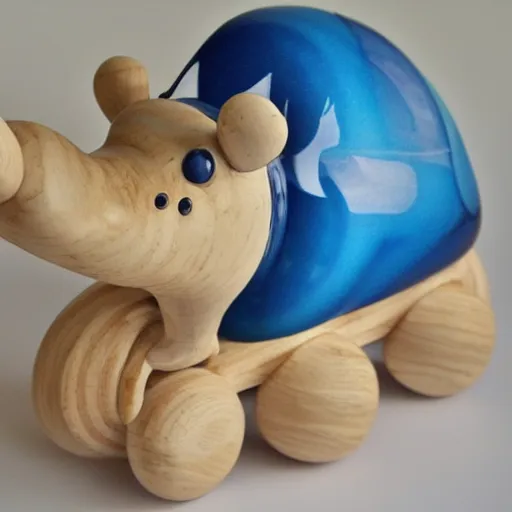 Image similar to expertly crafted etsy kids wooden hippopotamus expertly fused with blue epoxy. part of the hippo is made of blue epoxy. with a white photographers background.