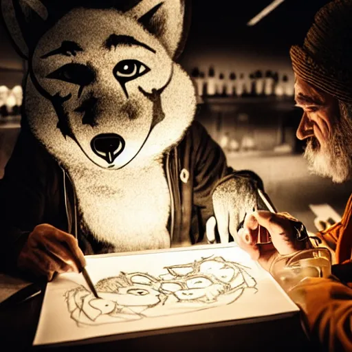 Image similar to photo portrait of drunk hobo artist drawing furries for booze, symmetry, awesome exposition, very detailed, highly accurate, intricate, professional lighting diffracted lightrays, 8 k, sense of awe