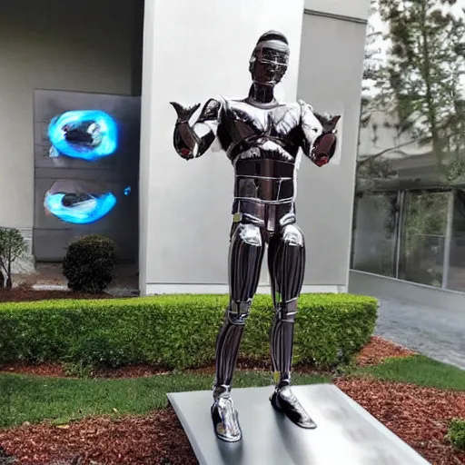 Image similar to a realistic detailed photo of a guy who is an attractive humanoid who is half robot and half humanoid, who is a male android, wrestler zack ryder, shiny skin, posing like a statue, blank stare, by the pool, on display, showing off his muscles, humanoid robot, frozen ice statue