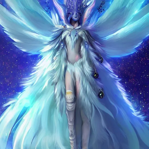 Prompt: a star skinned blue fox druid wearing a magically imbued ethereal elven ball gown made from clouds and peacock feathers with fairy lights inside the clouds to resemble stars, cloud mage robes, fantasy, proper anatomy, fantasy art, in the style of the dragon prince on netflix