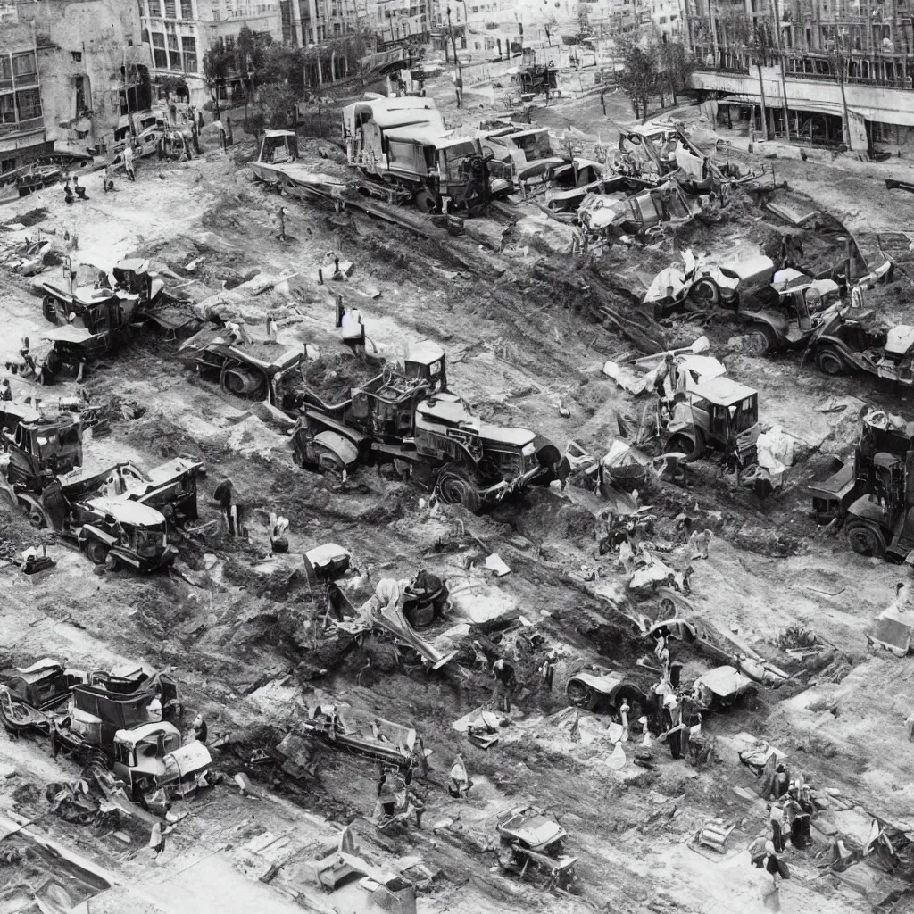 Image similar to truck fell into a ditch of a construction site in the square of a rationalist city in 1930, old photo