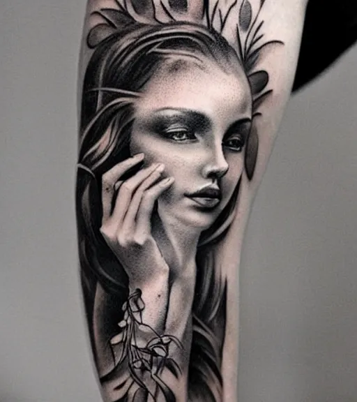 Image similar to a beautiful tattoo design, in the style of den yakovlev, hyper realistic, black and white, realism, highly detailed