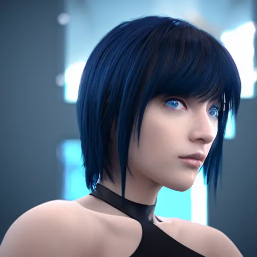 Image similar to « portrait, attractive, blue eyes, black hair, middle length hair, ghost in the shell, front view, unreal engine 5 »