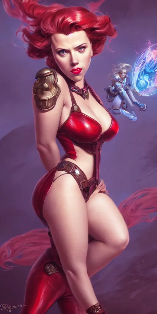 Image similar to scarlett johansson, pinup, league of legends, intricate, highly detailed, digital painting, hyperrealistic, artstation, concept art, smooth, sharp focus, illustration, Unreal Engine 5, 8K, art by artgerm and greg rutkowski and alphonse mucha, by Jesper Ejsing