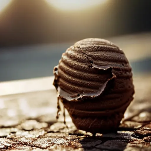 Image similar to detailed, textured photograph of a levitating chocolate ice cream cone with huge, hairy spider legs at the bottom. dramatic, golden light. realistic photograph.