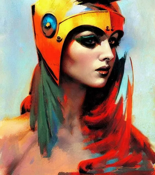 Prompt: portrait of junoesque iranian female chaos angel, beautiful! coherent! by frank frazetta, by brom, strong line, vivid neon color, shining metal power armor, iron helm, high contrast, maximalist