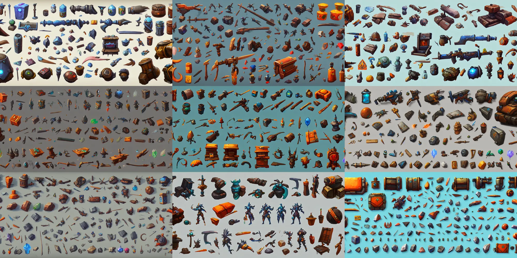 Prompt: game asset of house hold items, in gouache detailed paintings, props, stylized, 2 d sprites asset sheet, kitbash, arcane, prop rocks, overwatch, many color scheme, 8 k, close up, top down view