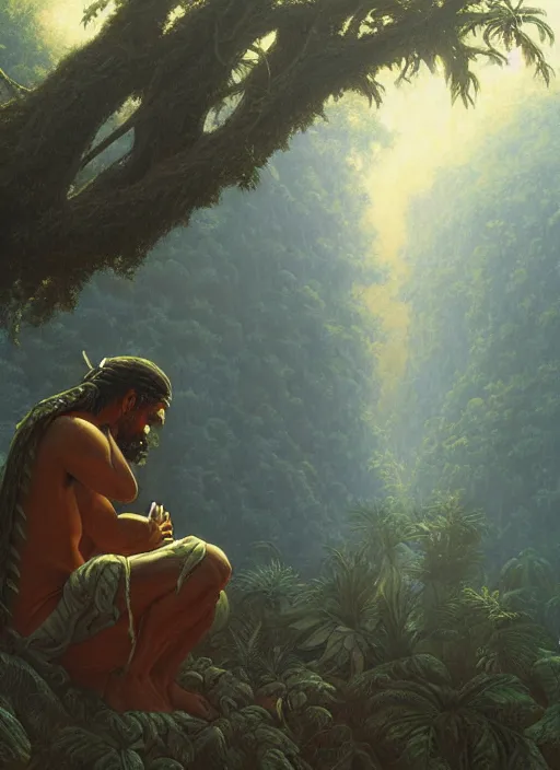 Image similar to an indigenous man sitting and praying in the jungle, while spirits of his ancestors watch over him from above, art by christophe vacher