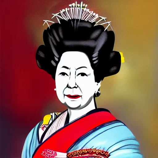 Prompt: a beautiful painting of old queen elizabeth ii dressed as japanese samurai with katana, realistic, portrait, full body, hd, 8 k, 4 k,