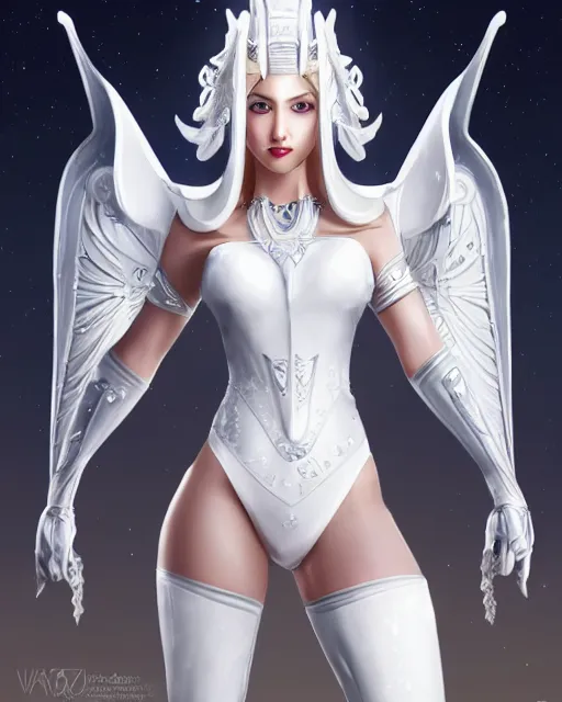 Image similar to perfect white haired egyptian goddess wearing white dove wings, warframe armor, regal, attractive, ornate, sultry, beautiful, dreamy, half asian, pretty face, blue eyes, detailed, scifi platform, 4 k, ultra realistic, epic lighting, android body, illuminated, cinematic, masterpiece, art by akihito tsukushi, voidstar, artgerm