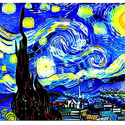 Prompt: MS Paint doodle of Starry Night by Van Gogh